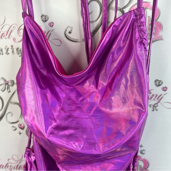 No vacancy dress, shiny metallic Shimmery Fuchsia Halter Ruched Mini lace up - Picture 7 of 13